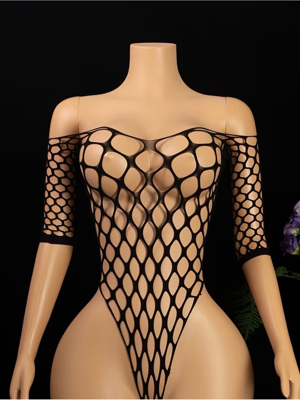 Black Fishnet Off-Shoulder Bodysuit - Women Tops